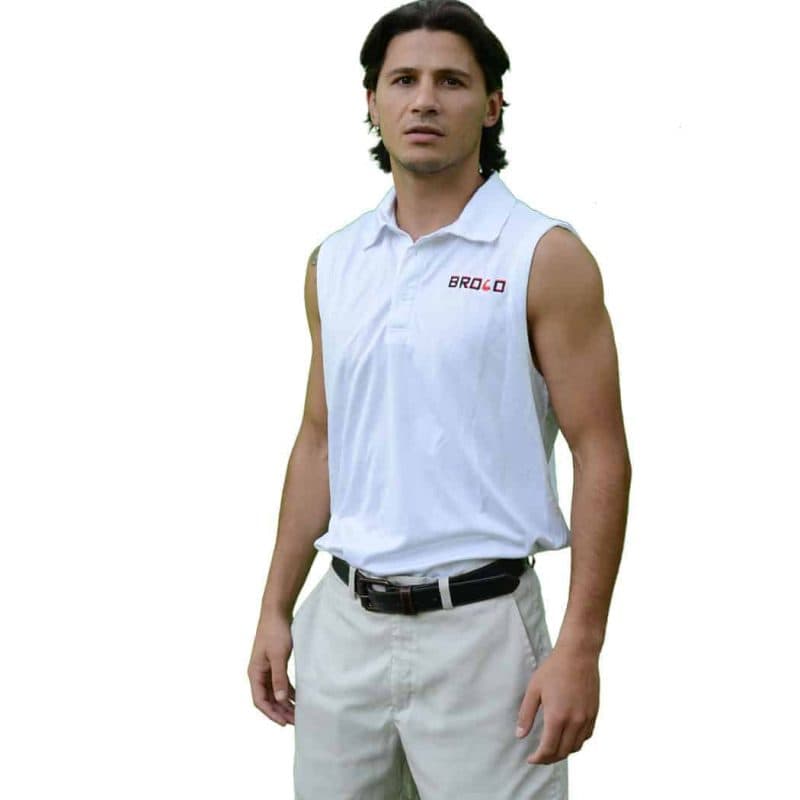 white sleeveless men's polo front